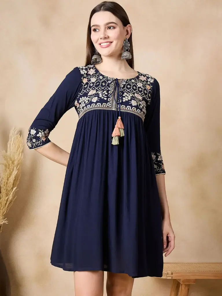 Navy Blue Rayon Cotton Embroidered Tunic with Tassels 