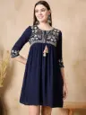 Navy Blue Rayon Cotton Embroidered Tunic with Tassels 