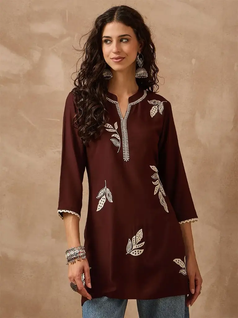 Brown Rayon Cotton Embroidered Leaf Motif Tunic
