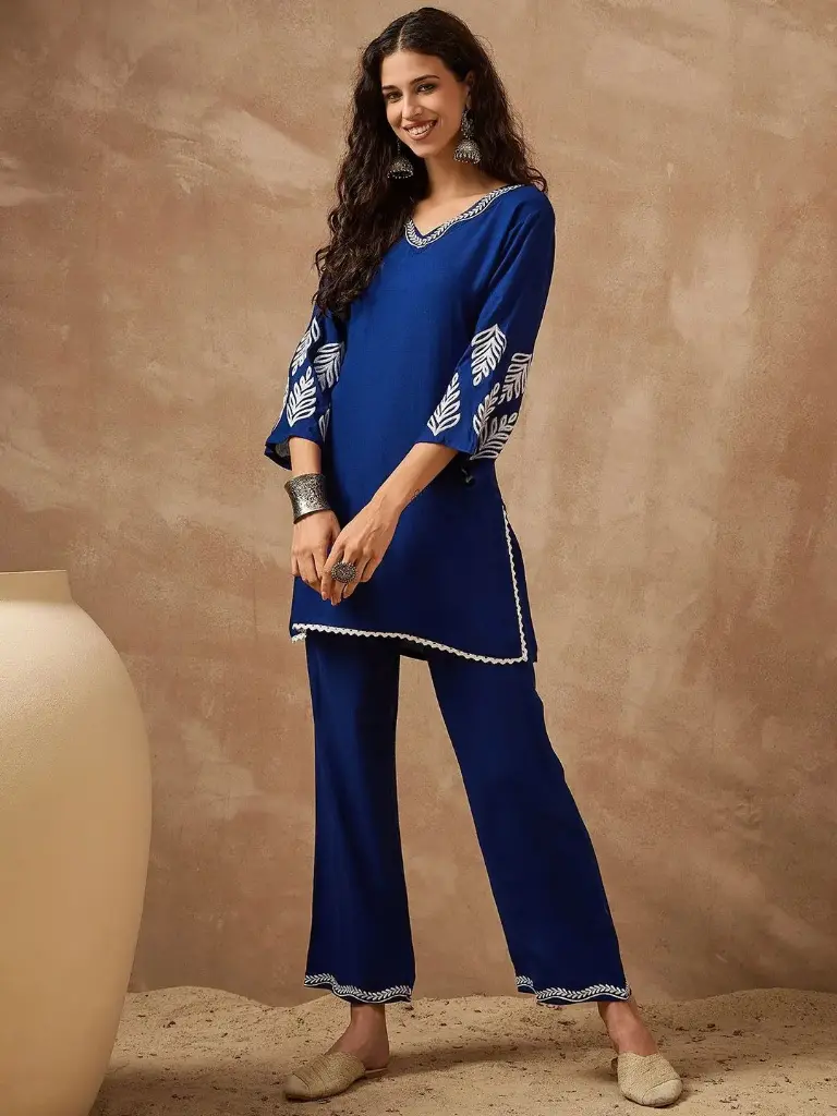 Blue Embroidered Rayon Cotton Co-ord Set