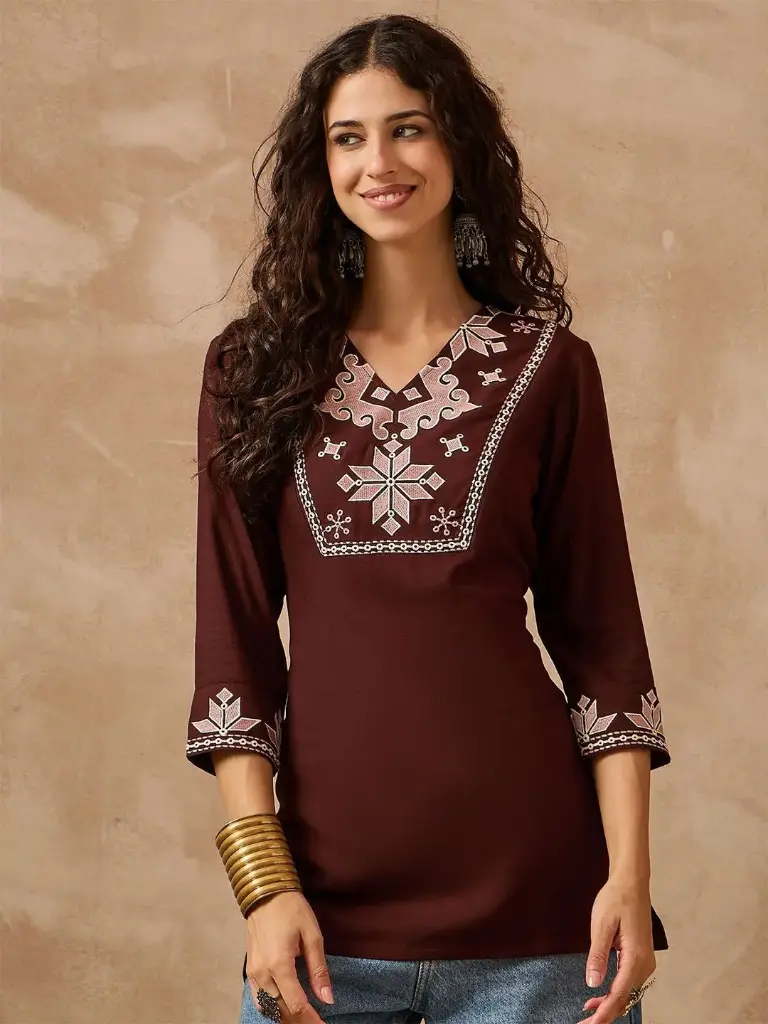 Brown Embroidered Rayon Cotton Tunic Top