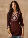 Brown Embroidered Rayon Cotton Tunic Top