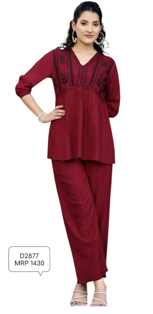 Maroon Embroidered Rayon Cotton Co-ord Set