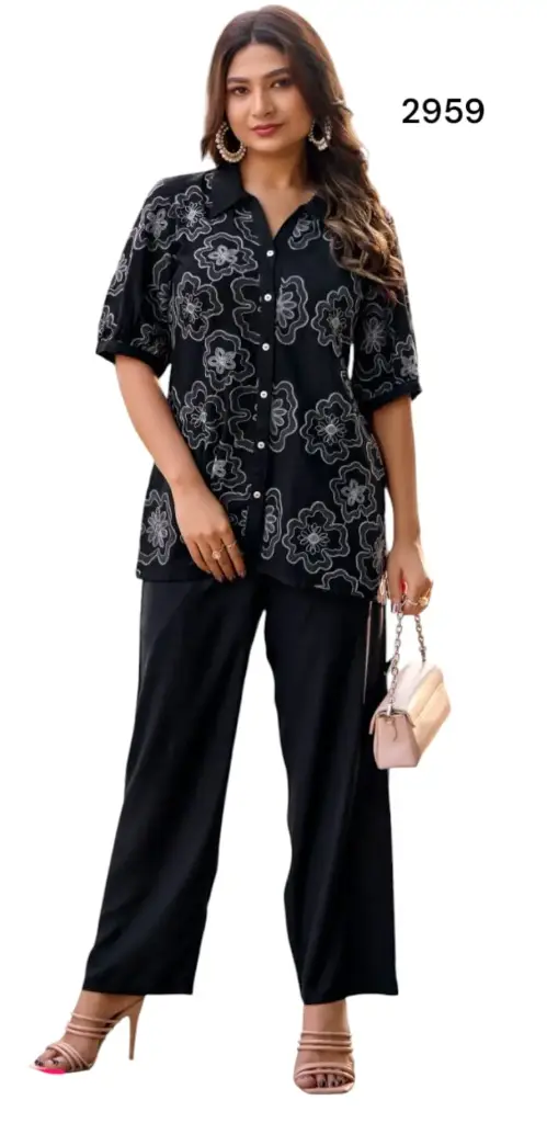 Black Floral Embroidered Rayon Cotton Co-ord Set