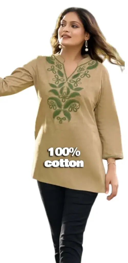 Beige Embroidered Cotton Tunic Top