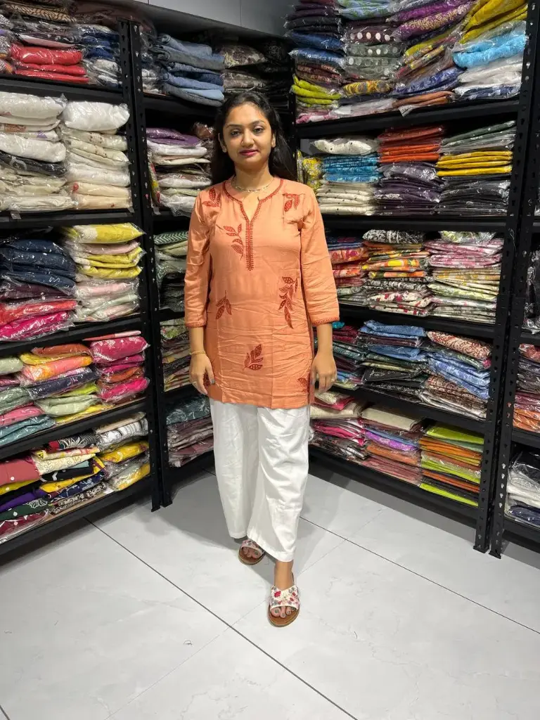 Peach Embroidered Rayon Cotton Tunic Top