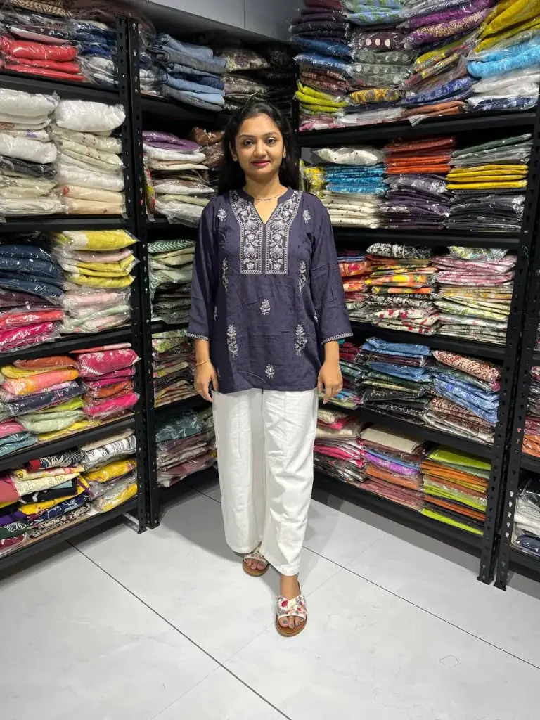 Navy Blue Embroidered Rayon Cotton Tunic Top