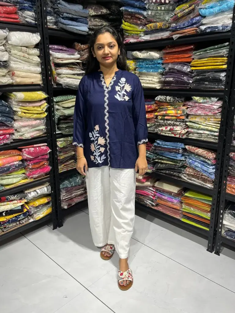 Navy Blue Floral Embroidered Rayon Cotton Tunic Top