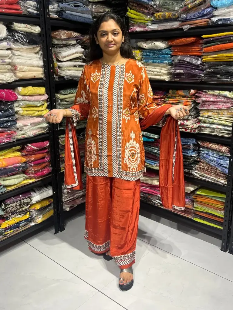 Rust Orange Gaji Silk Printed Coord Set with Real Mirror Work & Dupatta