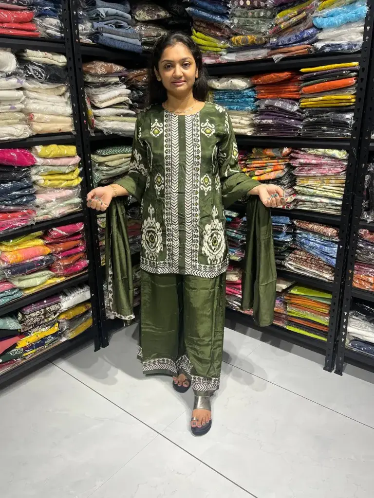Olive Green Gaji Silk Printed Coord Set with Real Mirror Work & Dupatta