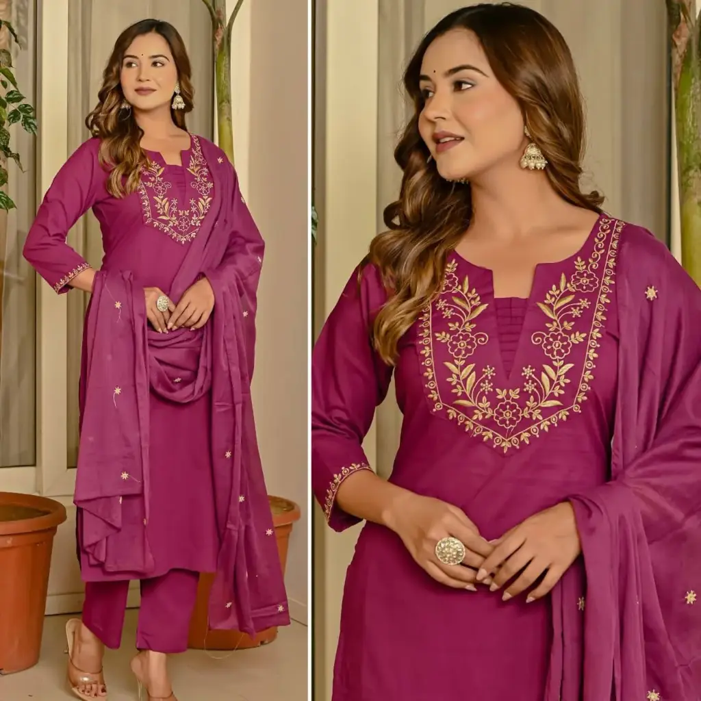 Magenta Cotton Embroidered Kurta Set with Bottom & Dupatta