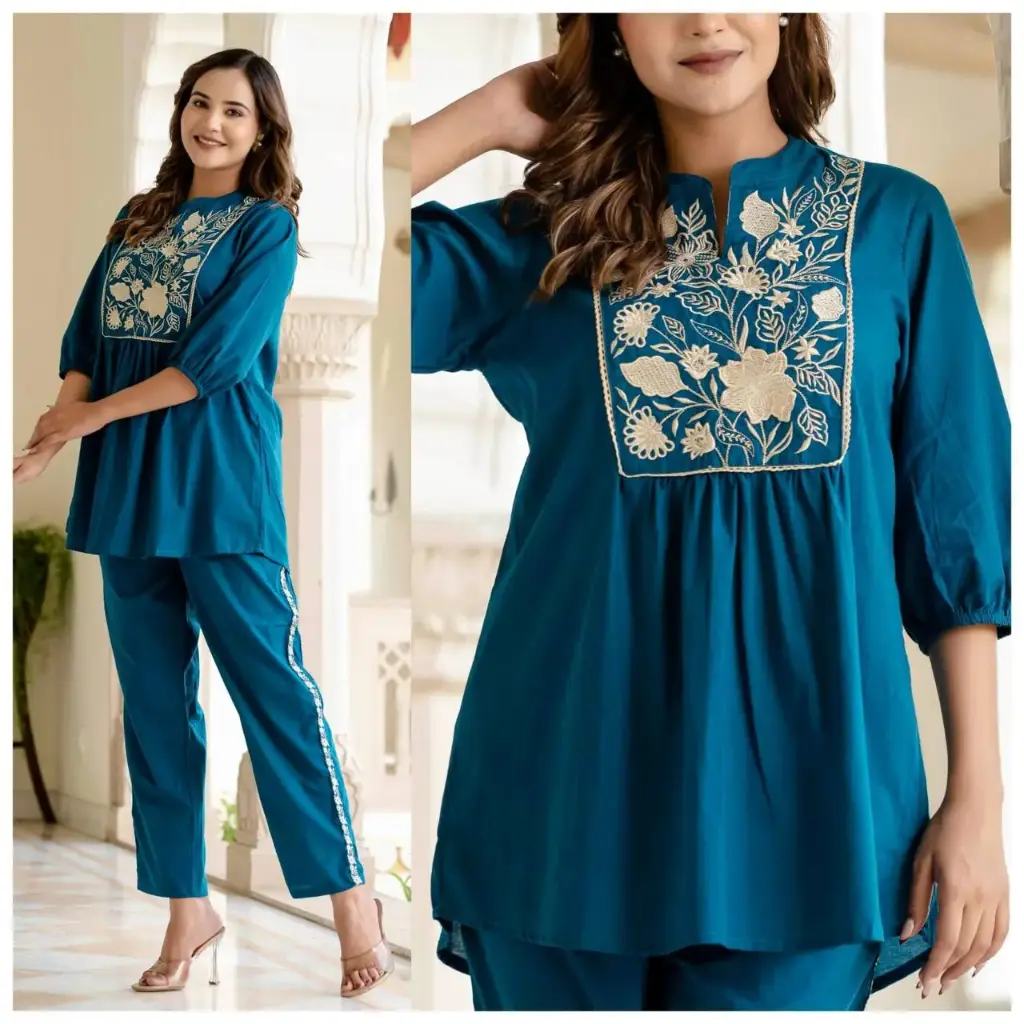 Teal Blue Cotton Embroidered Co-ord Set for Women