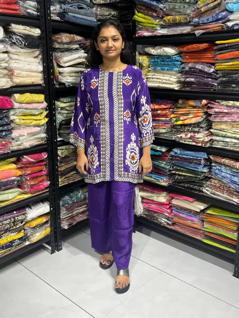 Royal Purple Gaji Silk Printed Coord Set with Real Mirror Work