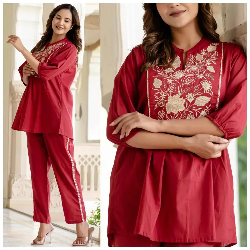 Red Cotton Embroidered Co-ord Set for Women