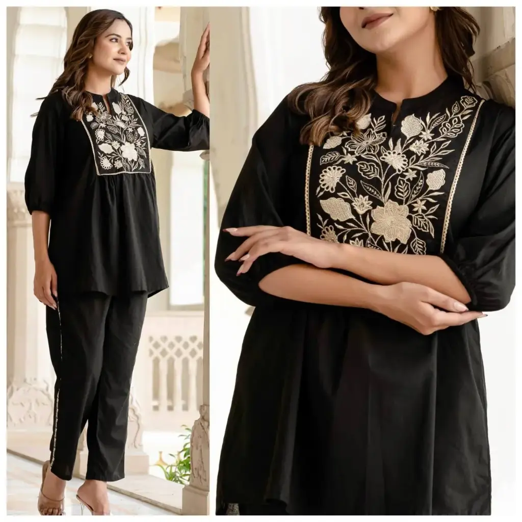 Black Cotton Embroidered Co-ord Set for Women – Stylish Top & Bottom