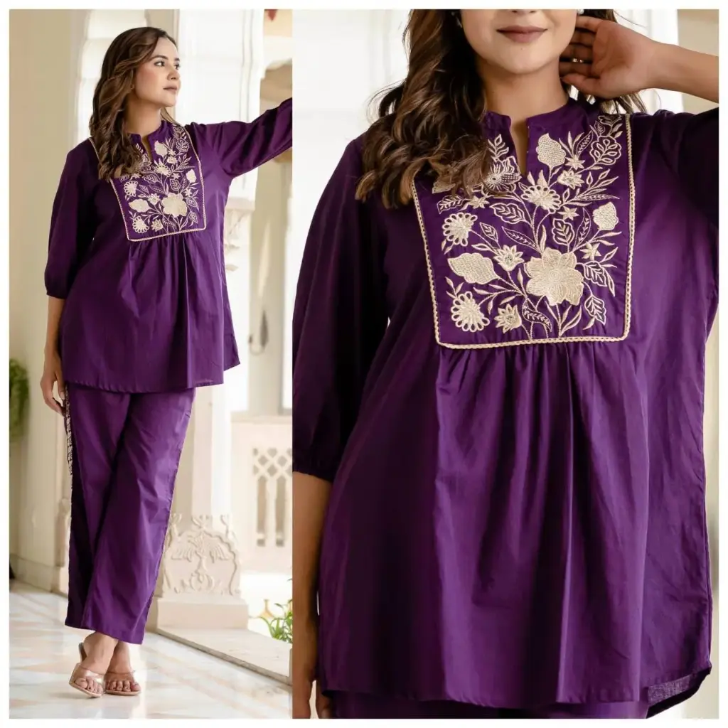 Purple Cotton Embroidered Co-ord Set for Women – Stylish Top & Bottom