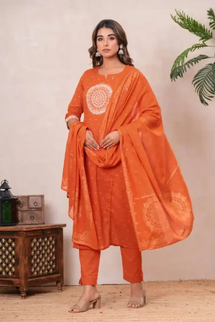 Orange Cotton Embroidered Suit Set with Dupatta – 3 Piece Ethnic Wear