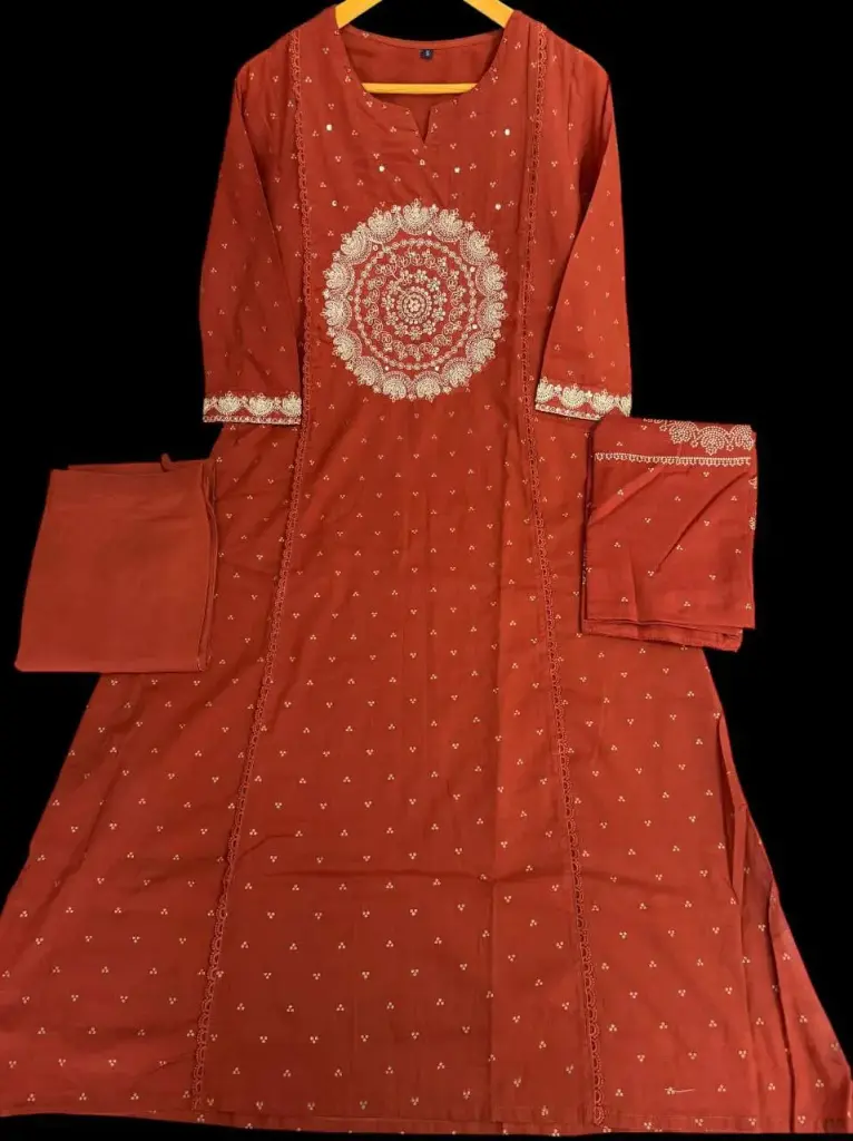 Rust Mull Cotton 3-Piece Set with Print & Embroidery Work