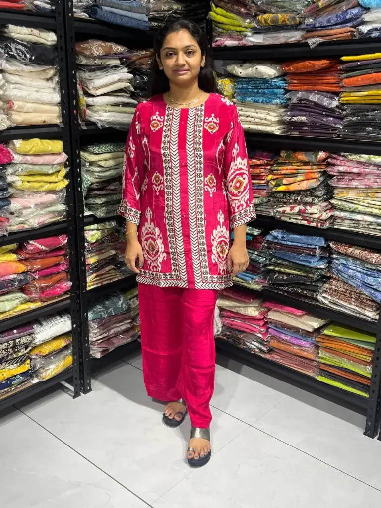 Pink Gaji Silk Cord Set with Print & Real Mirror Work