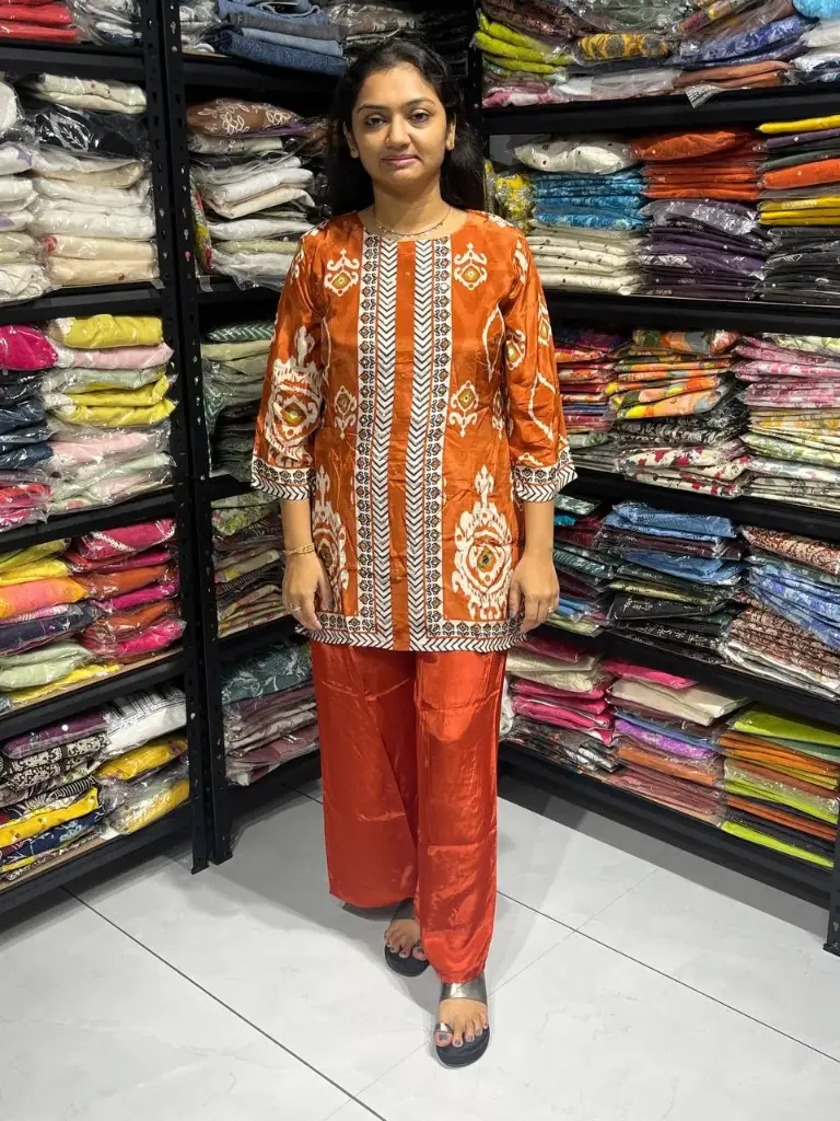 Orange Gaji Silk Cord Set with Print & Real Mirror Work