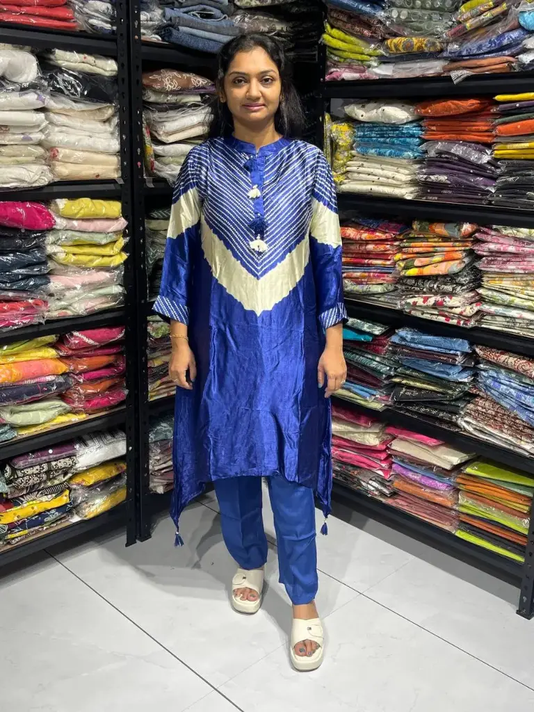 Royal Blue Gaji Silk Laheriya Print Co-ord Set with Fish Cut Kurta & Tassels