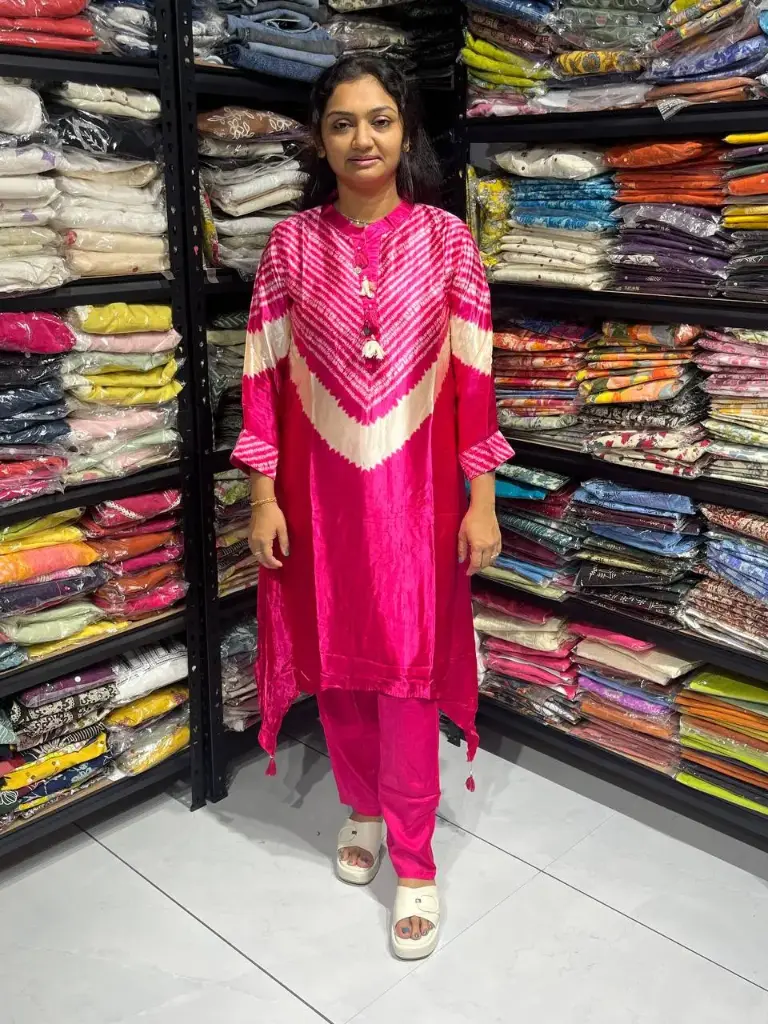 Hot Pink Gaji Silk Laheriya Print Co-ord Set with Fish Cut Kurta, Tassels & Necklace