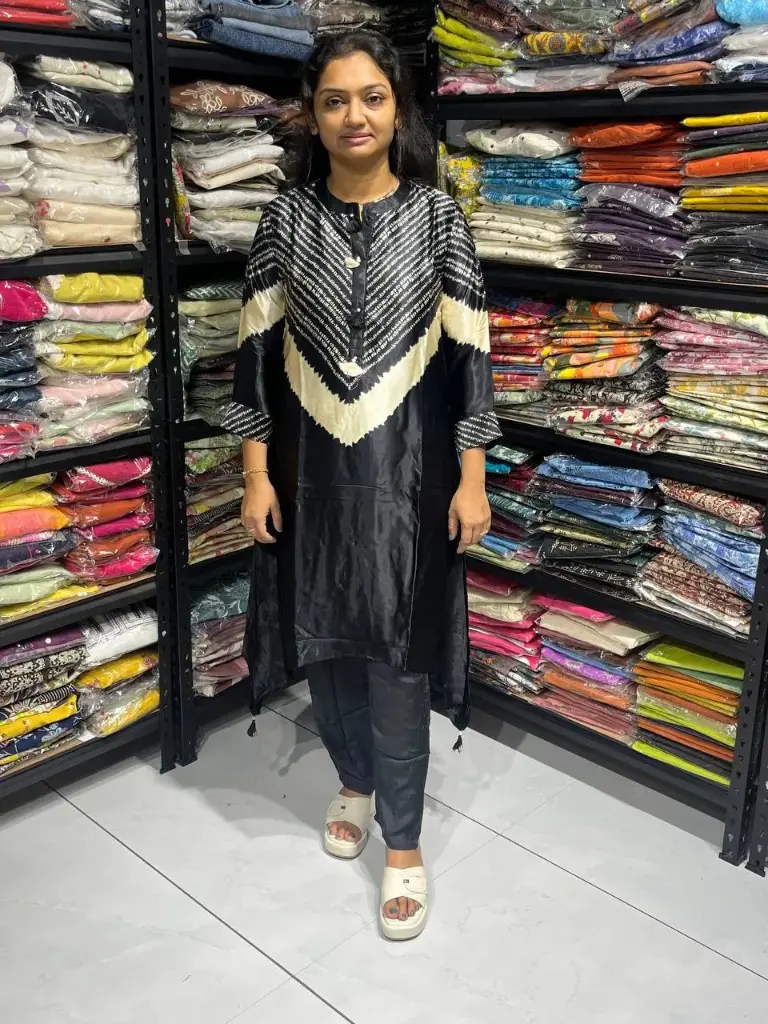 Black Gaji Silk Laheriya Print Co-ord Set with Fish Cut Kurta, Tassels & Necklace