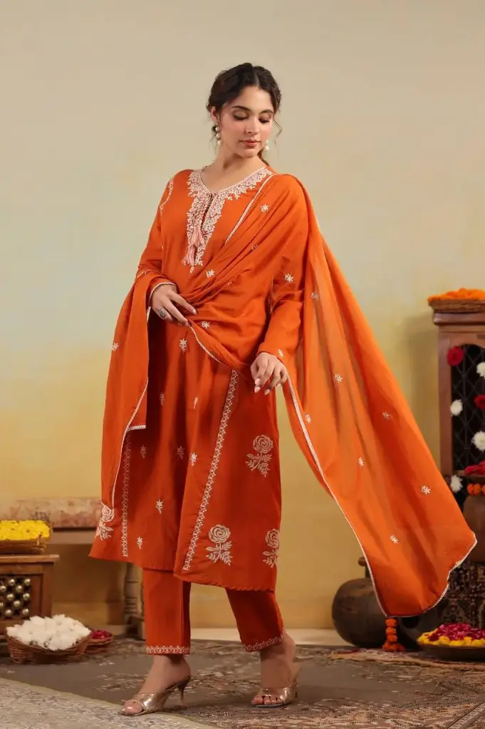Orange Cotton Embroidered 3-Piece Set | Kurta, Pant & Dupatta with Tassel Detailing