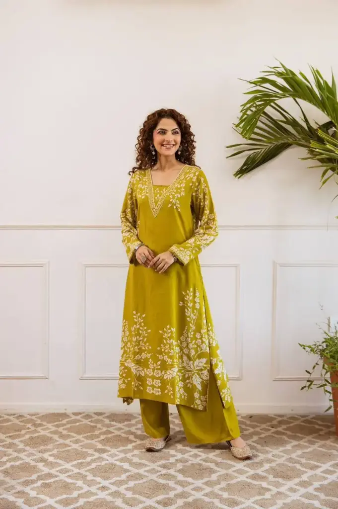 Mustard Reyon Cotton Kurta Plazzo Set with Print & Handwork (2-Piece)