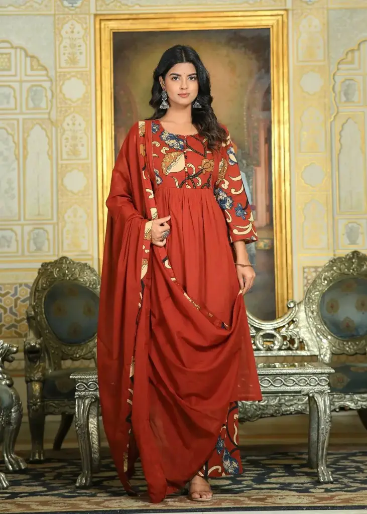 Rust Mull Cotton 3-Piece Suit Set with Print, Real Mirror & Handwork