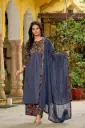 Navy Blue Mull Cotton 3-Piece Suit Set with Print, Mirror & Handwork