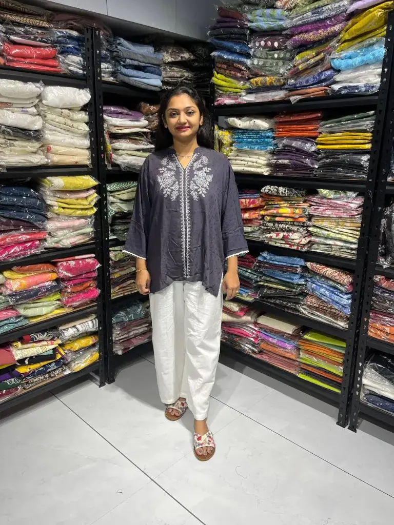 Charcoal Grey Dobby Rayon Cotton Tunic with White Embroidery