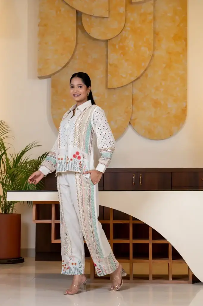 Elegant White Premium Cotton Co-ord Set with Crochet Lace, Chikankari & Embroidery