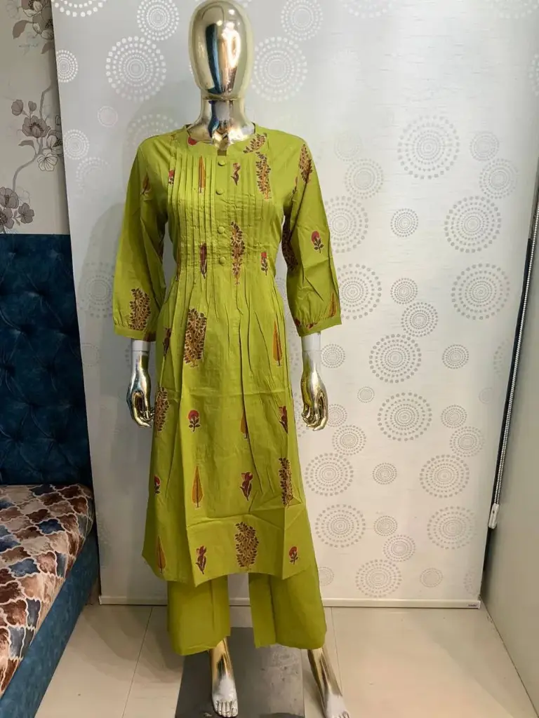 Lime Green Mull Cotton 2-Piece Kurta Palazzo Set with Print & Bead Handwork