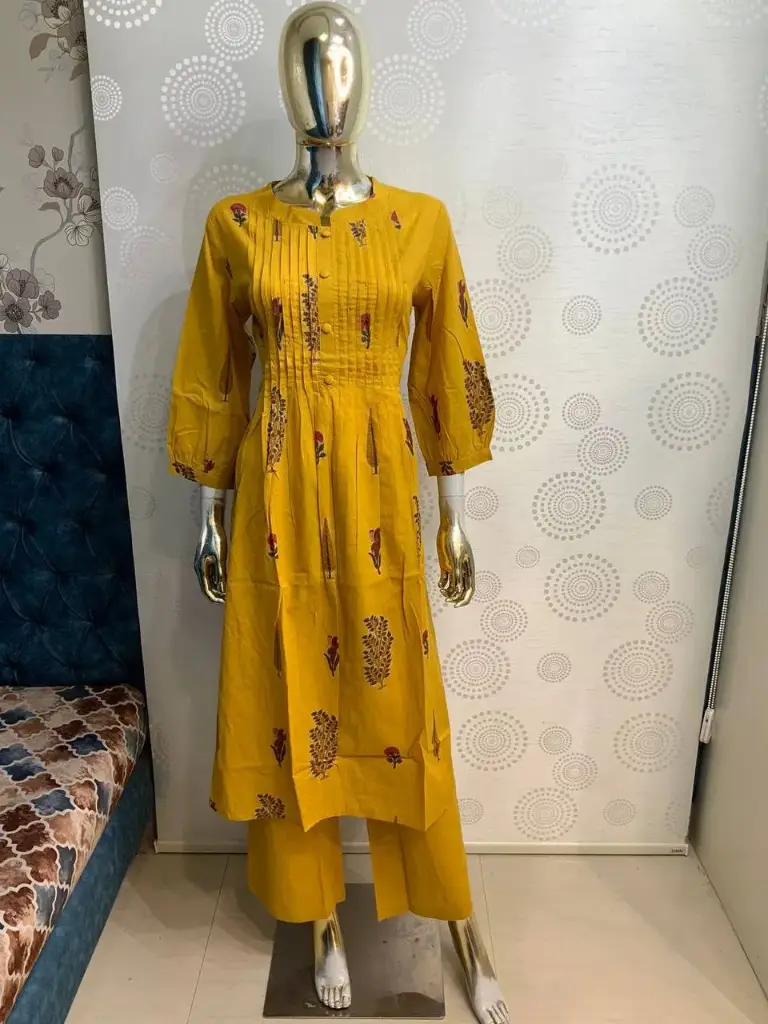 Mustard yellow Mull Cotton 2-Piece Kurta Palazzo Set with Print & Bead Handwork
