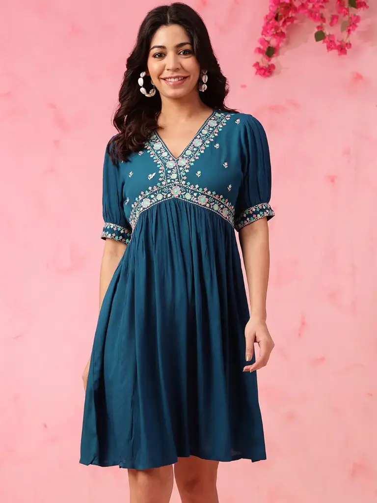 Blue Rayon Cotton Embroidered Long Tunic