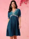 Blue Rayon Cotton Embroidered Long Tunic