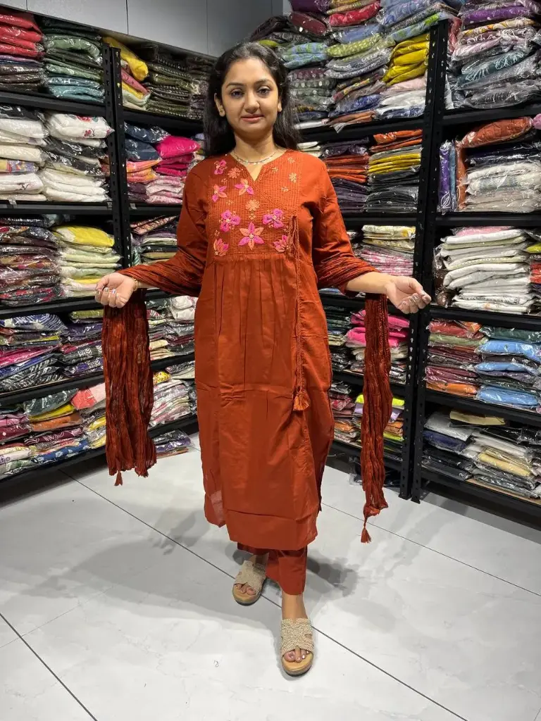 Terracotta Bloom Premium Cotton Embroidered 3-Piece Set