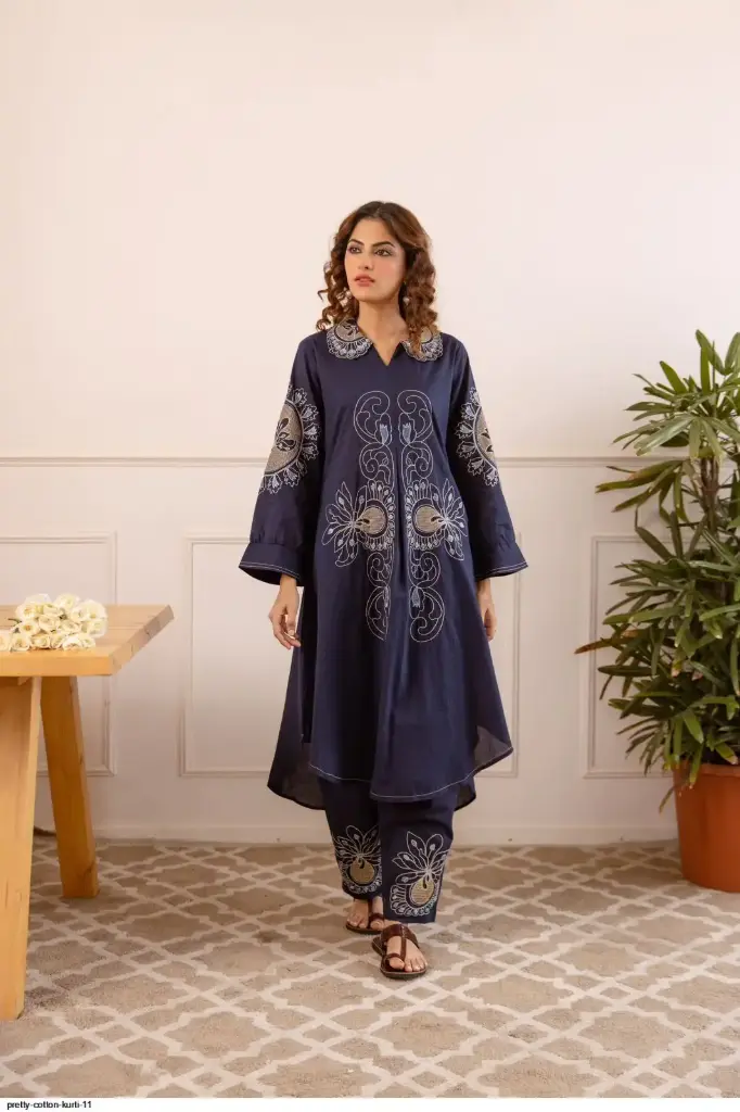 Navy Blue Premium Cotton Embroidered Shirt Collar Co-ord Set