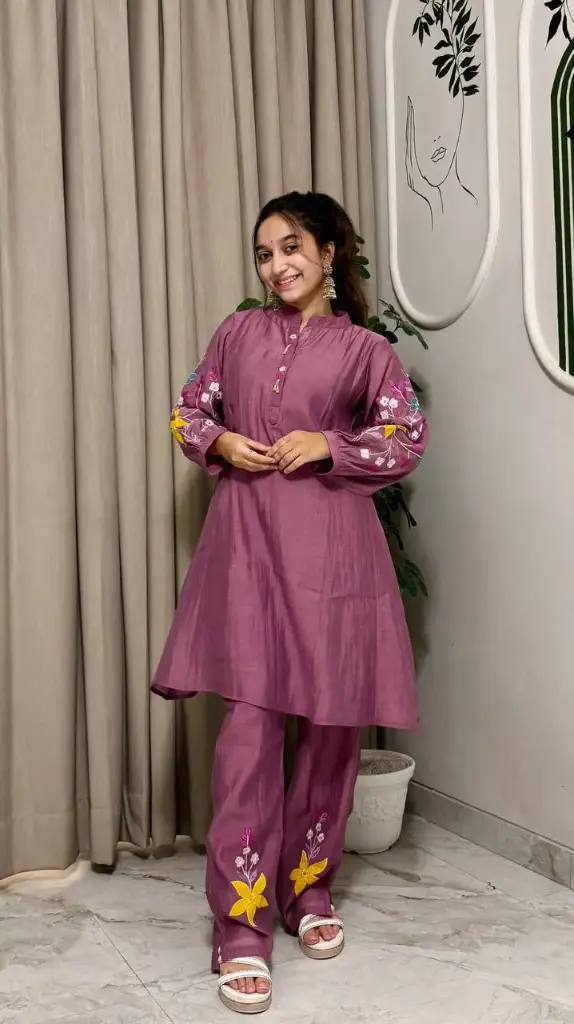 Lavender Bloom Embroidered Chanderi Cord Set