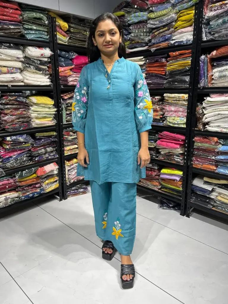 Aqua blue Bloom Embroidered Chanderi Cord Set