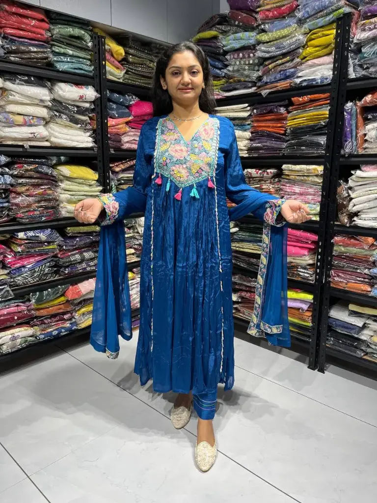 Aaliya Royal Blue pure Chinon Embroidered Suit Set