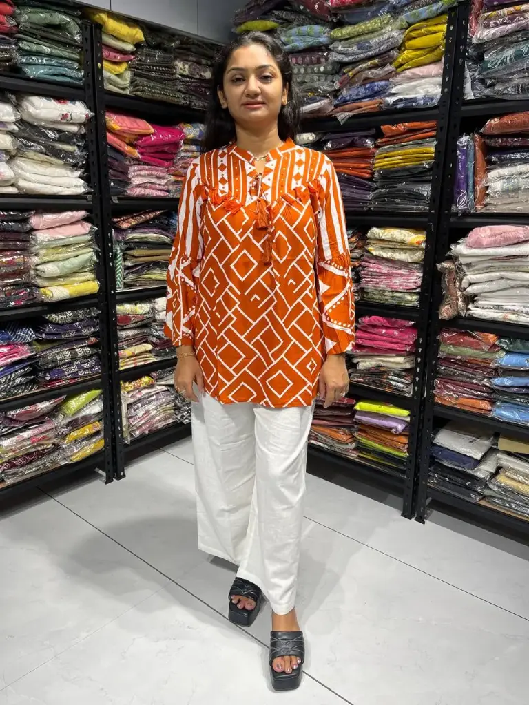 Orange Geometric Thread work Rayon Tunic