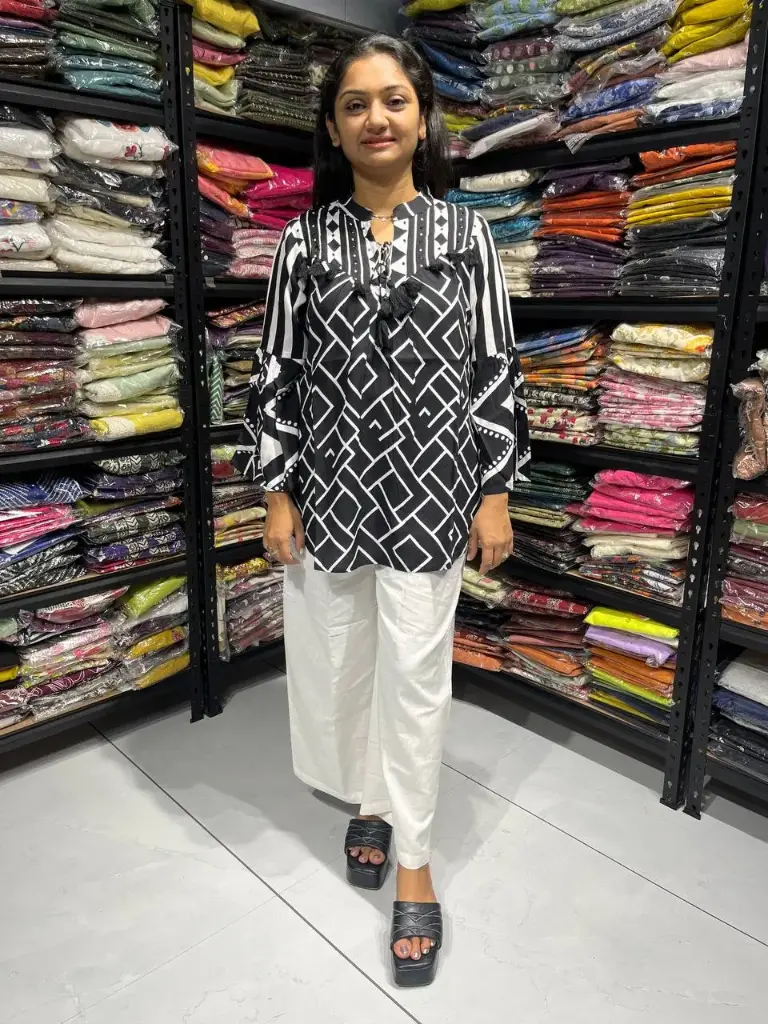 Black Geometric Thread work Rayon Tunic