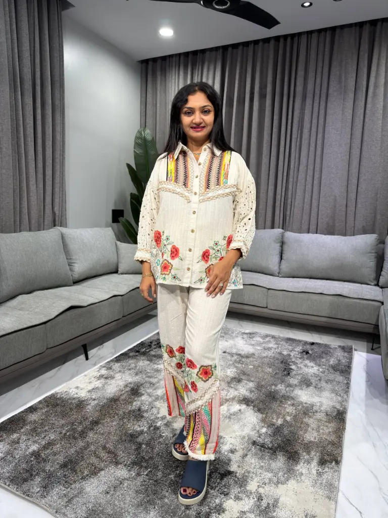 Ivory Bloom Premium Cotton Embroidered Crochet Lace Co-ord Set