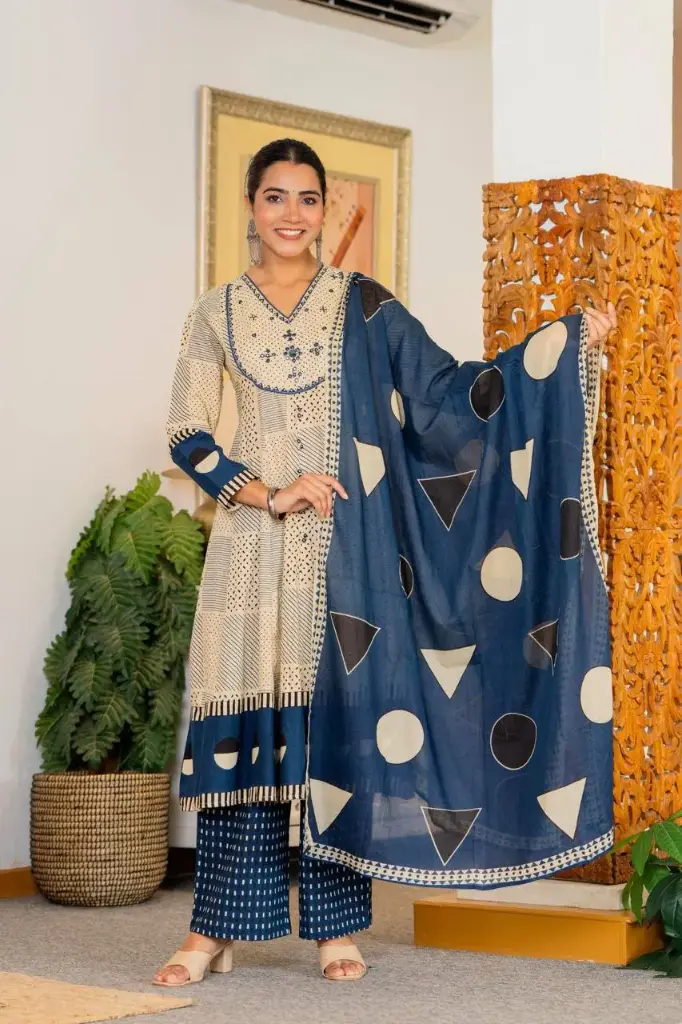 Blue Irah Mirror Embellished Cotton Suit Set