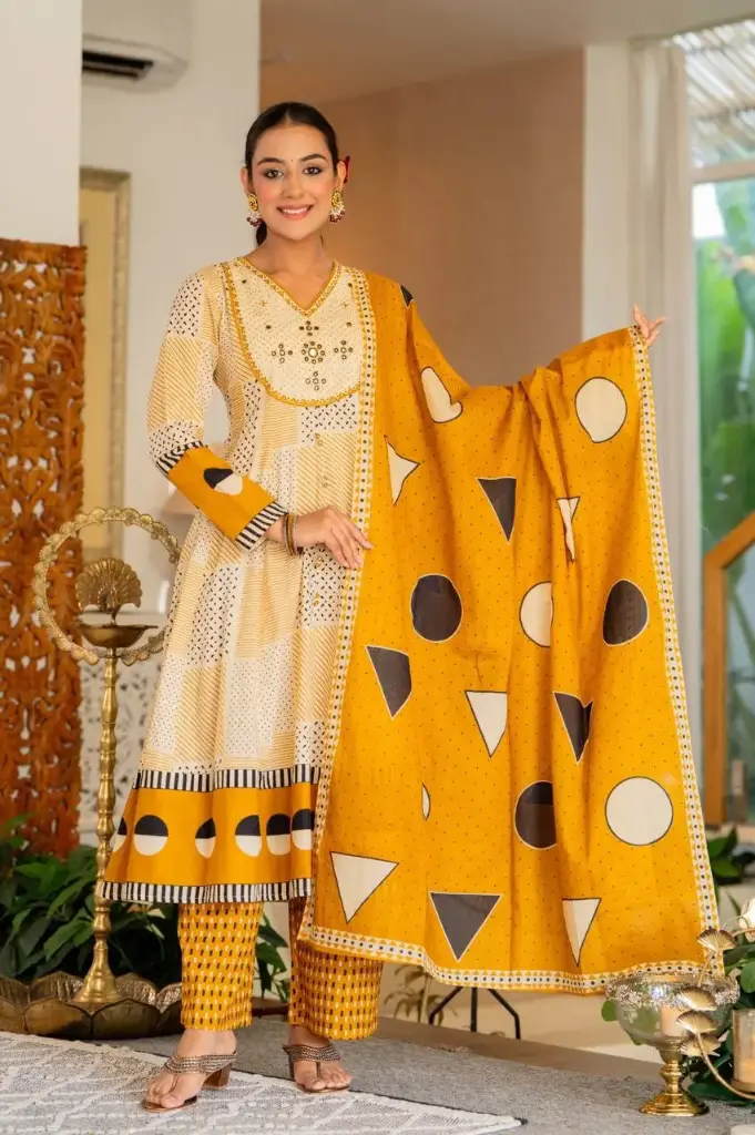 Yellow Irah Mirror Embellished Cotton Suit Set