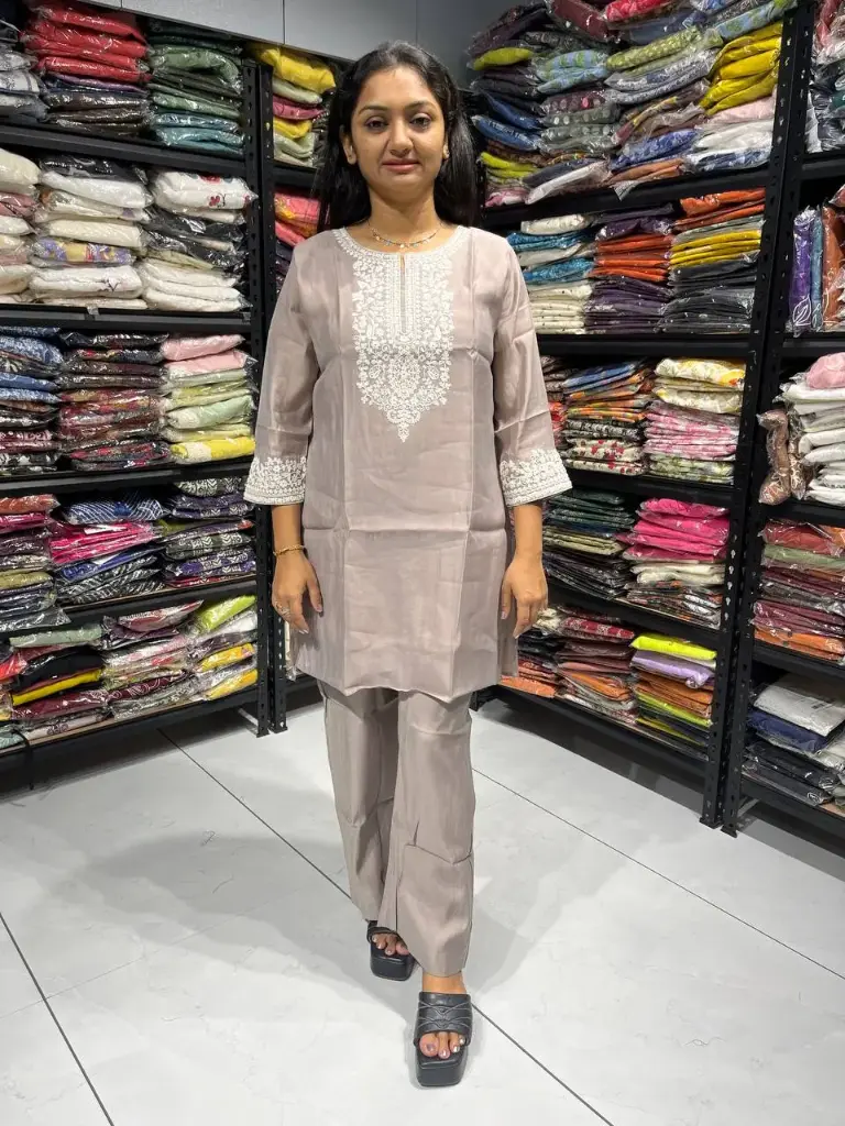 Light brown Elina Graceful Mul Chanderi Cord Set