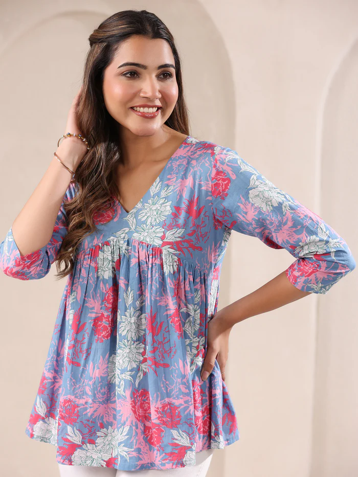 Blue Pure Cotton Pink Floral Printed A-line Top