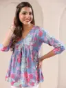 Blue Pure Cotton Pink Floral Printed A-line Top